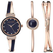 安妮克萊因（ANNE KLEIN） 女士石英腕表 日本機芯 水晶鑲嵌 防水手鐲套裝 Gold Navy Blue