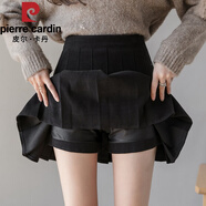 皮爾卡丹（pierre cardin）毛呢百褶裙女秋冬2025新款時(shí)尚高腰a字短裙褲顯瘦百搭休閑半身裙 黑色拉鏈腰 M