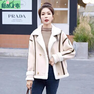 艾妃琳羊羔毛外套女2025秋冬新款加絨加厚皮毛一體棉服機車(chē)服短款夾克 米白色 S 建議80-99斤
