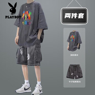 花花公子t恤男2025夏季短袖套裝男潮流寬松一套搭配帥氣炸街牛仔短褲兩件 色彩畫(huà)灰+牛仔褲短褲灰 XL