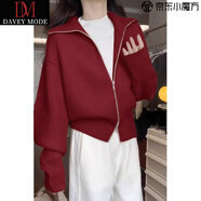 DAVEY MODE奶白色針織衫女外套女2025早秋新款百搭休閑翻領(lǐng)毛衣寬松短款開衫 紅色 2XL 【推薦125-135斤】