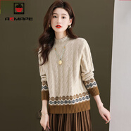 AEMAPE新年戰袍半高領(lǐng)復古麻花毛衣女2025春秋冬季新款提花內搭針織衫女 MX-7221_米色 L 建議105-115斤
