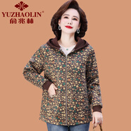 俞兆林（YUZHAOLIN）媽媽春裝外套短款2025新款中老年女春秋大碼洋氣花色連帽夾克上衣 咖圓點(diǎn) XL (參考90-105斤)