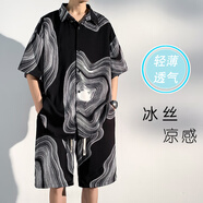 主意范（ZHUYIFAN）夏季大碼運(yùn)動(dòng)套裝男T恤涼感垂感冰絲短袖襯衫五分短褲潮兩件套 TZ068黑色 5XL 210-240斤