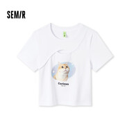 森馬（Semir）【夏日T恤合輯】短袖T恤女中長(cháng)款滿(mǎn)印夏印花落肩上衣寬松顯瘦潮流 F款性感鏤空-漂白10007 165/88A/L