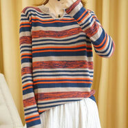 東方鴨100%純棉針織衫長(cháng)袖女韓版春秋新款條紋毛衣V領(lǐng)打底衫時(shí)尚外穿潮 彩條  深藍色 L 105-120斤