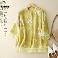 啄木鳥(niǎo)棉麻襯衫女2025年夏季新款文藝復古刺繡拼接歐根紗七分袖百搭上衣 黃色 L 【建議115-130斤】
