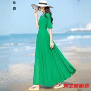 范哲莎小個(gè)子女人夏天穿的中長(zhǎng)連衣裙大擺裙夏紅色中長(zhǎng)款跳舞雪紡連衣裙 綠色 XL 建議115--125斤