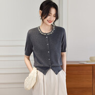 奢汐（Srcr）【含羊毛】短款釘珠針織開(kāi)衫女外搭上衣早秋時(shí)尚洋氣短袖披肩外套