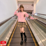 Baldauren女童春秋裝套裝jk裙3-14歲女孩加絨加厚新款中大童衛(wèi)衣百褶裙韓版 粉色衛(wèi)衣裙子套裝 春秋薄款 150 建議身高140左右 （60-75斤）