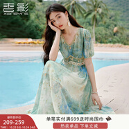 香影海邊度假暈染連衣裙女2025夏季新款民族風(fēng)波西米亞v領(lǐng)雪紡裙 綠花 連衣裙  M 160/84A/95-110斤