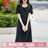 皮爾卡丹薄款醋酸真絲釘珠圓領(lǐng)連衣裙女中長(cháng)款鑲鉆A字裙短袖純色寬松長(cháng)裙 黑色 S