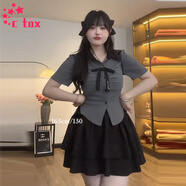 CTOX大碼微胖美式學(xué)院風(fēng)套裝女夏季胖mm顯瘦遮肉小個(gè)子辣妹甜酷兩件套 灰色上衣+黑色半身裙+蝴蝶結(jié) M (建議85-100斤)