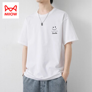 貓人（MiiOW）男士純棉短袖T恤夏季薄款潮牌圓領(lǐng)笑臉印花男裝衣服冰絲體恤 白色 XL