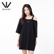 BOY BY BOY夏季潮牌女裝露肩不對稱領口朋克logo設計針織連衣裙 黑色 L
