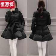 恒源祥冬季羽絨棉服女中長(cháng)款設計感韓版百搭蓬蓬公主裙擺收腰棉衣外套 黑色 L 105-115