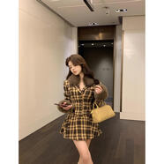 獨旅日單奇穴超短裙冬季毛領(lǐng)復古格子西裝外套女秋搭配一整套裝a字半 兩件 S