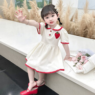 小咕嘟熊童裝女童套裝夏裝兒童套裝POLOT恤褲裙兩件套運動休閑女孩服裝 米色裙 100
