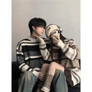 POUM男裝聯(lián)名情侶裝秋冬新款韓版寬松慵懶風(fēng)毛衣潮牌青少年條紋針織衫 XZWP-D26卡其色 L