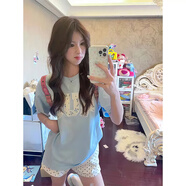 純棉藍色刺繡設計感字母短袖t恤女夏季寬松小個(gè)子美式復古上衣服 藍色【純棉】 M