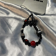 梵膜倫米妮頭熊頭紅珠黑蝴蝶結手煉適合所有手機殼配件小清新DIY流行女孩心袋鑰匙扣日本和韓國手腕繩短 min米妮頭熊頭紅珠黑色蝴蝶