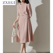 ZXEGI2025夏高檔品牌連衣裙醋酸面料法式船領(lǐng)腰間捏褶顯瘦減齡裙子女夏 桃夭粉. 半襯盛夏版 M