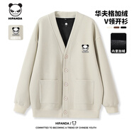 HIPANDA你好熊貓夾克男冬季文藝復古加絨華夫格V領(lǐng)開(kāi)衫垂墜質(zhì)感溫暖舒適 米杏#PP憤怒熊字母(立體硅 3XL