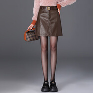 ISONOURTPU皮半身裙女2025秋冬高腰包臀短裙棕色A字裙 咖色 M /27
