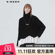 sdeer圣迪奧冬季保暖舒適女裝通勤加厚無扣個(gè)性高領(lǐng)落肩拼接毛衣S20483505 黑色/91 XL 175