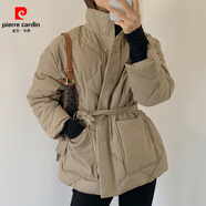 皮爾卡丹（pierre cardin）韓國chic冬季百搭高領(lǐng)菱形格加棉保暖大口袋系帶收腰棉服短外套女 卡其色 均碼