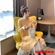 口旋內搭冬款加厚毛衣裙女秋冬寬松過(guò)膝仙女裙長(cháng)款超仙拼接針織連衣裙 黃色 均碼 90-140斤可穿