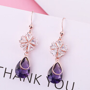 S925銀耳勾花朵耳環(huán)女氣質(zhì)韓國簡(jiǎn)約長(cháng)款耳釘水晶日韓時(shí)尚顯臉瘦的耳墜 玫瑰金色花朵紫鋯石水滴耳環(huán) A40