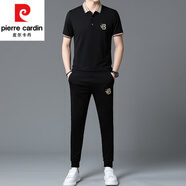 皮爾卡丹（pierre cardin）男裝套裝休閑運(yùn)動套裝男士夏季新款翻領(lǐng)短袖T恤運(yùn)動時尚兩件套 915黑色【短袖+長褲】 165/M