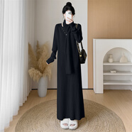 花花公子（PLAYBOY）秋冬長(zhǎng)款毛衣連衣裙韓版寬松慵懶風(fēng)針織長(zhǎng)裙子過(guò)膝加厚內(nèi)搭打底裙 黑色(加長(zhǎng)厚款：配大圍巾) S 建議80-95體重