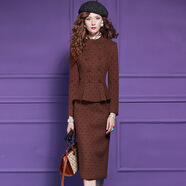 菲夢(mèng)伊波點(diǎn)毛呢連衣裙女冬季高端復古荷葉邊收腰中長(cháng)款職業(yè)包臀裙 咖啡色 M