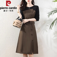 皮爾卡丹（pierre cardin）假兩件連衣裙子女士裝春秋冬季2025年新款氣質(zhì)收腰a字打底中長(zhǎng)裙 黑色配咖色 L (110-120斤)