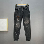 歐洲站燙鉆牛仔褲女式2024春秋季新款高腰寬松顯瘦棉彈哈倫褲垮褲 黑色6671-2 26