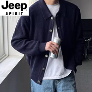 JEEP SPIRIT秋冬季翻領(lǐng)針織衫開衫外套男毛衣韓版男裝潮流休閑韓國(guó)上衣 藏藍(lán)色 XL