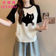 樂(lè )雅秀肩袖正肩短袖褶皺修身設計夏季百搭不規則美式拼接復古上衣 杏色【黑色貓】 S 建議90斤內