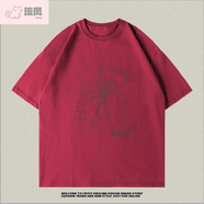 琉鳳七只小羊重磅棉質(zhì)情侶短袖夏季小眾別致T恤女寬松ins短袖男潮 酒紅 S