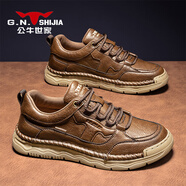 公牛世家（G.N.Shi Jia）男鞋2025新款秋季覆古休閑皮鞋男款手工潮流百搭工裝板鞋 咖色 39