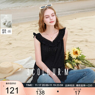 三彩2025夏季新款純棉繡花小衫鏤空荷葉邊無(wú)袖上衣套頭衫M