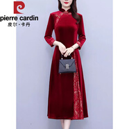 皮爾卡丹（pierre cardin）新中式改良旗袍女長(cháng)袖金絲絨連衣裙秋冬中年媽媽氣質(zhì)禮服裙子 紅色 3XL 【135-145斤】