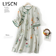 LISCN復古國風(fēng)苧麻印花五分袖連衣裙女夏季寬松大i碼斜襟盤(pán)扣棉麻中裙 圖片色 XL 130-145斤