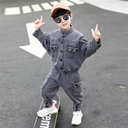 G·DUCK KIDS男童中小2025新款春秋季休閑韓版洋氣男寶寶牛仔紐扣套裝兩件套潮 牛仔灰 110碼