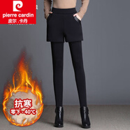 皮爾卡丹（pierre cardin）加絨加厚假兩件打底褲女冬外穿彈力短褲裙保暖高腰顯瘦小腳褲女裝 991黑色特厚羊羔絨(口袋帶皮) S (75-95)斤