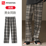 FitonTon純棉情侶睡褲秋冬寬松灰白格子長褲睡衣直筒可外穿家居褲女XL