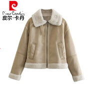 皮爾卡丹（pierre cardin）2025秋冬爆款歐美ins風(fēng)氣質(zhì)時(shí)尚女裝皮毛一體雙面短款夾克外套 卡其色 M
