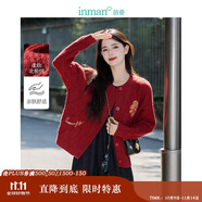 茵曼北極絨安可拉紅開衫毛衣女秋季時(shí)尚繡花慵懶針織外套 復(fù)古紅 L