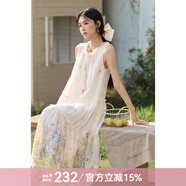 謎秀滿印重工刺繡連衣裙2025夏季新款木耳邊寬松顯瘦度假風(fēng)長裙女 杏色 M